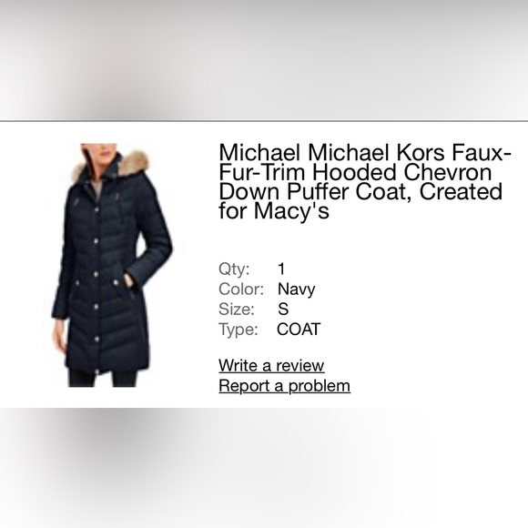 NWOT Navy MK Faux-Fur Hooded Chevron Down Puffer Coat - Picture 8 of 9